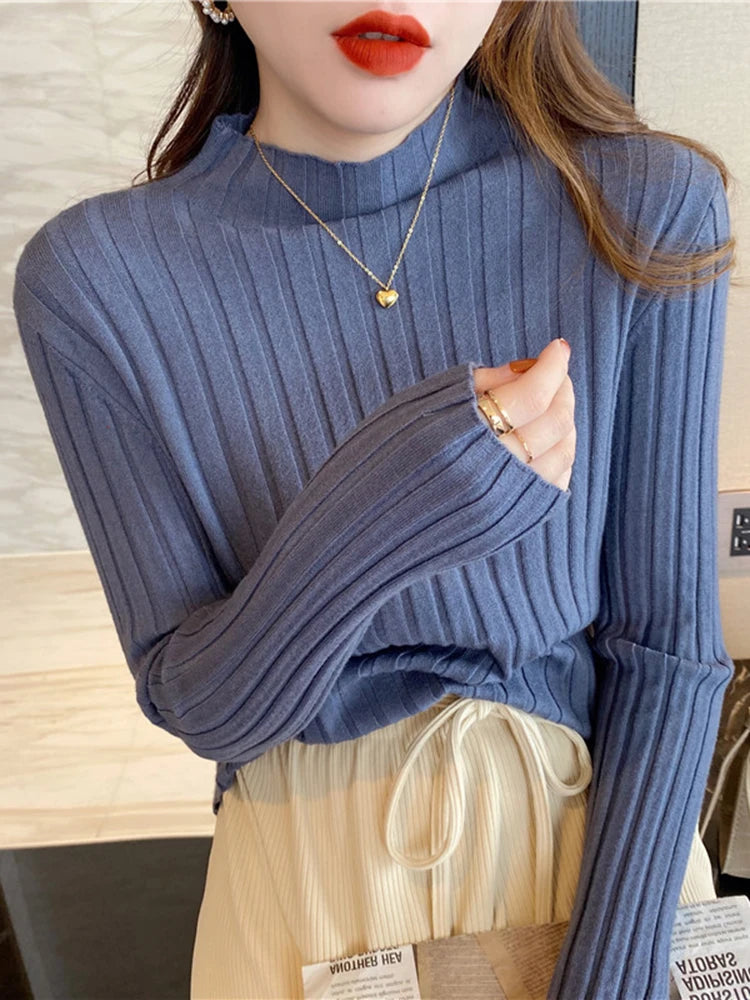 Autumn Winter Knitted Ribbed Turtleneck Sweater Women Clothes 2025 Long Sleeve Slim Basic Pullover Woman Sweaters Solid Tops