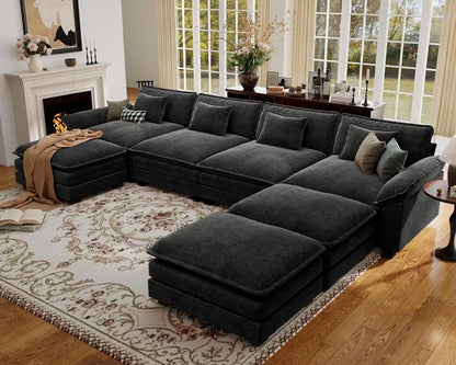 154" Oversized Modular Sectional Sofa, Comfy U-Shaped Cloud Couch w/ 3 Movable Ottomans, 7-Seater Chenille Deep, Customized