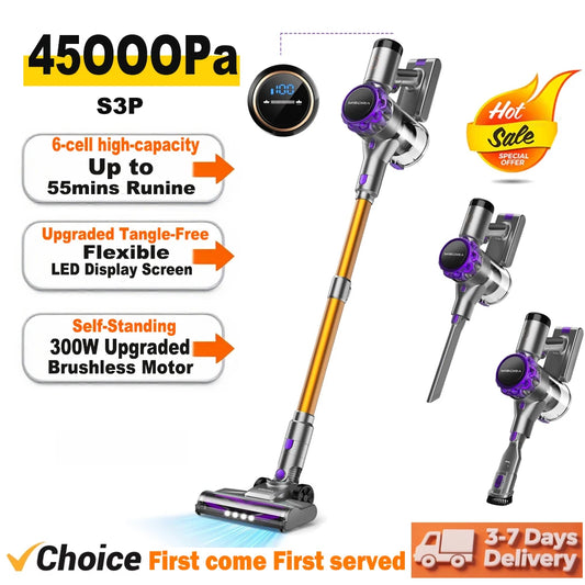 INSE S3P Cordless Vacuum Cleaner 45Kpa Powerful Handheld Stick Vacuum with LED Display 55-Min Running Self-Standing for Carpet H