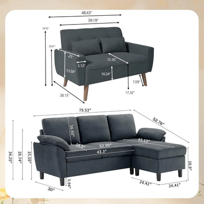 79" Convertible Sectional Sofa Sets, Modern L Shaped 3-Seat Couches with Reversible Chaise and Loveseat Sets for Living Room