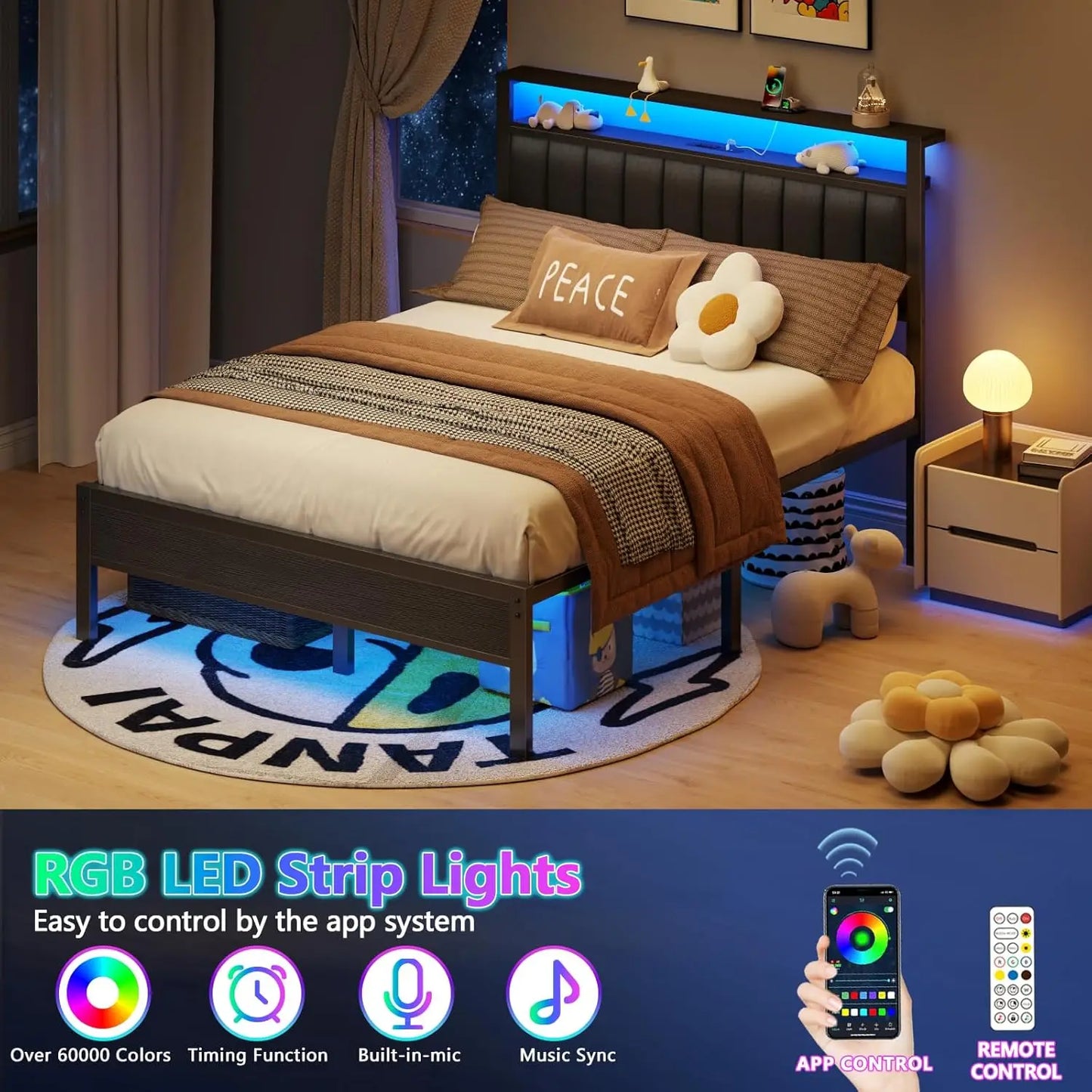 Queen Size Bed Frame with Charging Station and LED Lights, Platform Bed with Metal Slats, Grey Upholstered Headboard
