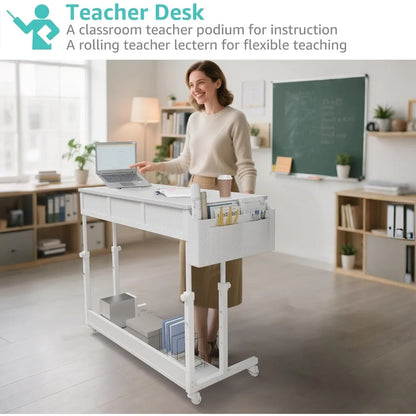 White Portable Rolling Computer Desk - 40 Inch Adjustable Mobile Standing Teacher Desks with 3 Fabric Drawers on Wheels, Couch S