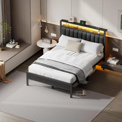 Queen Size Bed Frame with Charging Station and LED Lights, Platform Bed with Metal Slats, Grey Upholstered Headboard