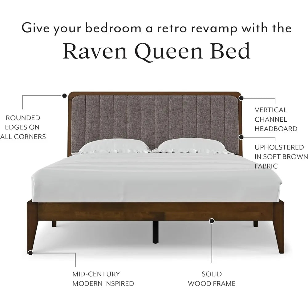 Casa Raven Solid Wood Queen Size Bed Frame - Mid Century Modern Style, Platform with Tufted Upholstered Adjustable Height Head