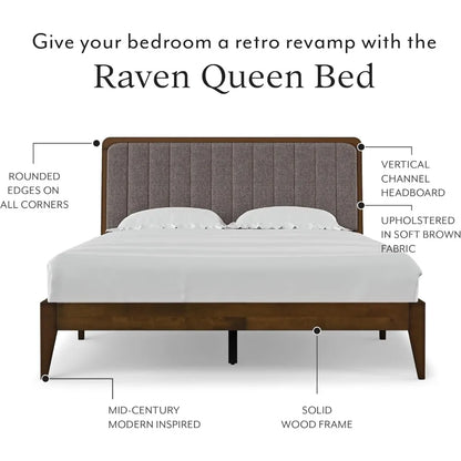 Casa Raven Solid Wood Queen Size Bed Frame - Mid Century Modern Style, Platform with Tufted Upholstered Adjustable Height Head