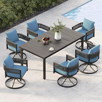 Outdoor Dining Set for 6, 7 PCS Patio Table and Chairs Set, Metal Woven Wicker Fixed Patio Chairs with Thickened Cushions & 1 R