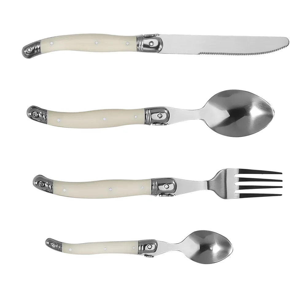 Stainless steel knife, fork, spoon set, milky white plastic handle, steak knife, steak fork spoon, steak tableware for home use