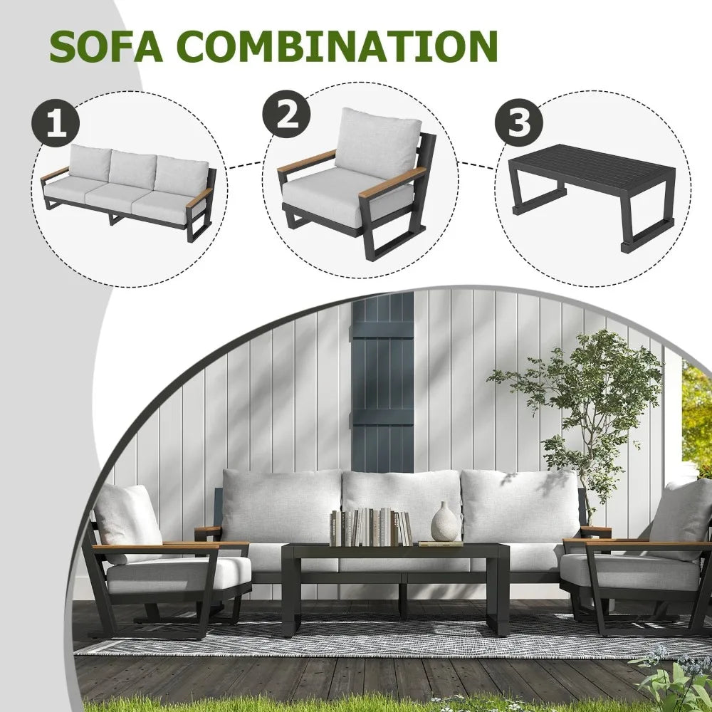 Aluminum Outdoor Furniture with Coffee Table,5 Seats Patio Furniture Set Sectional Waterproof Sofa with Conversation Set Table w