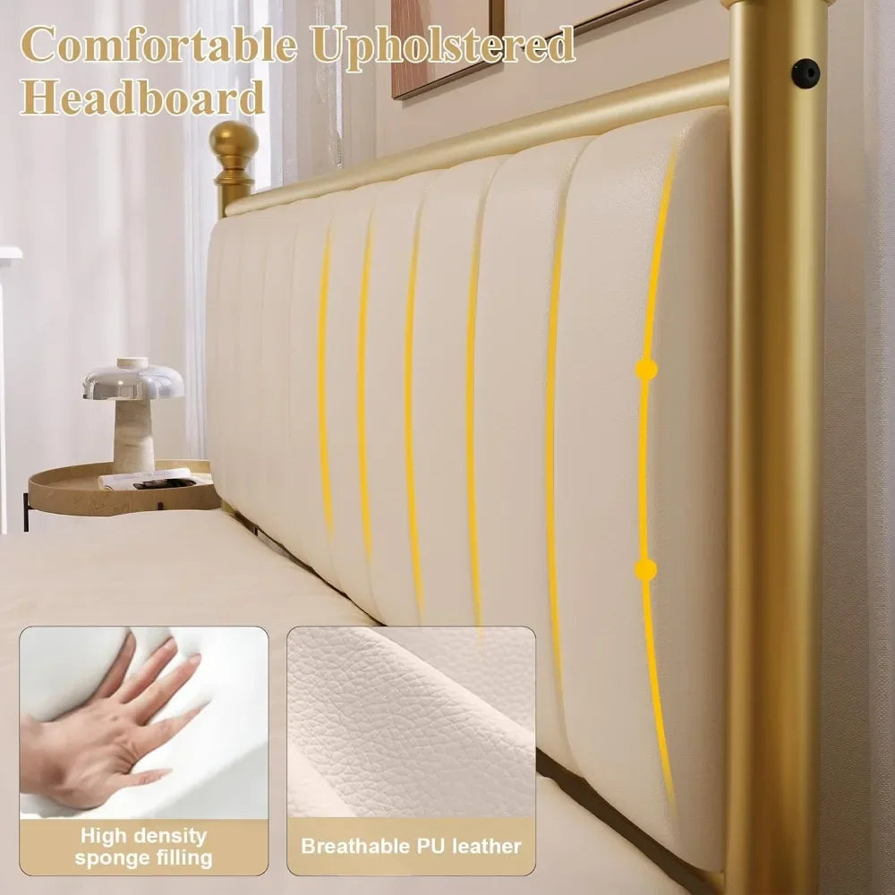 Bed Frame with Headboard, Upholstered Platform Metal Beds Frame Supported by Strong Metal Slats, No Box Spring Needed