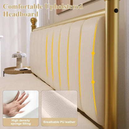 Bed Frame with Headboard, Upholstered Platform Metal Beds Frame Supported by Strong Metal Slats, No Box Spring Needed