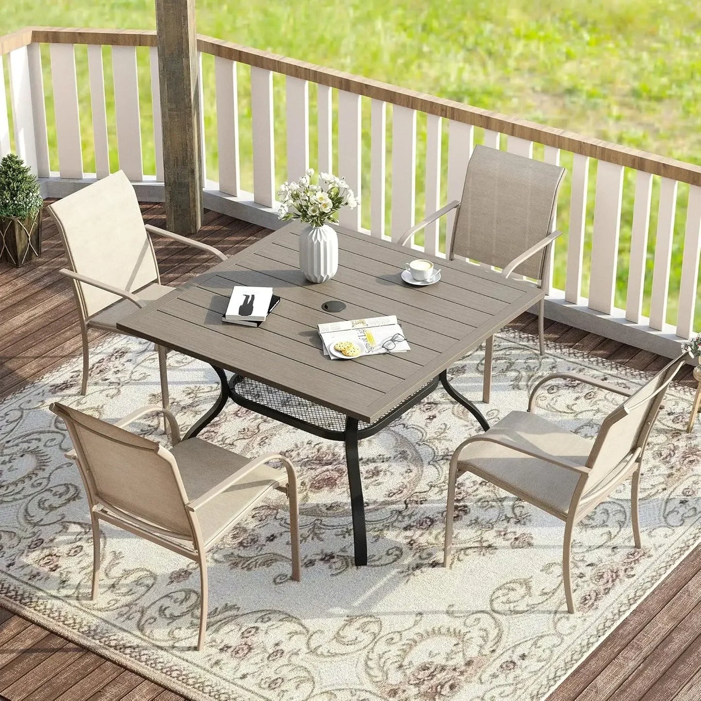 5-Piece Patio Dining Set – Outdoor Furniture Set w/1 Square Table & 4 Stackable Sling Chairs – Patio Dining Furniture