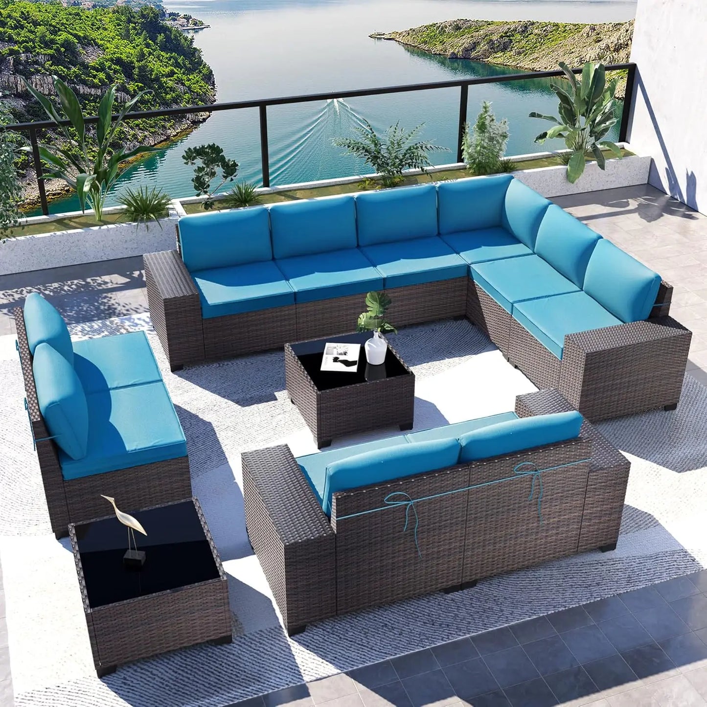 12 Pieces Outdoor Patio PE Rattan Sectional Sofa Set with Cushions & Tempered Glass Coffee Table for Garden Porch, Customized