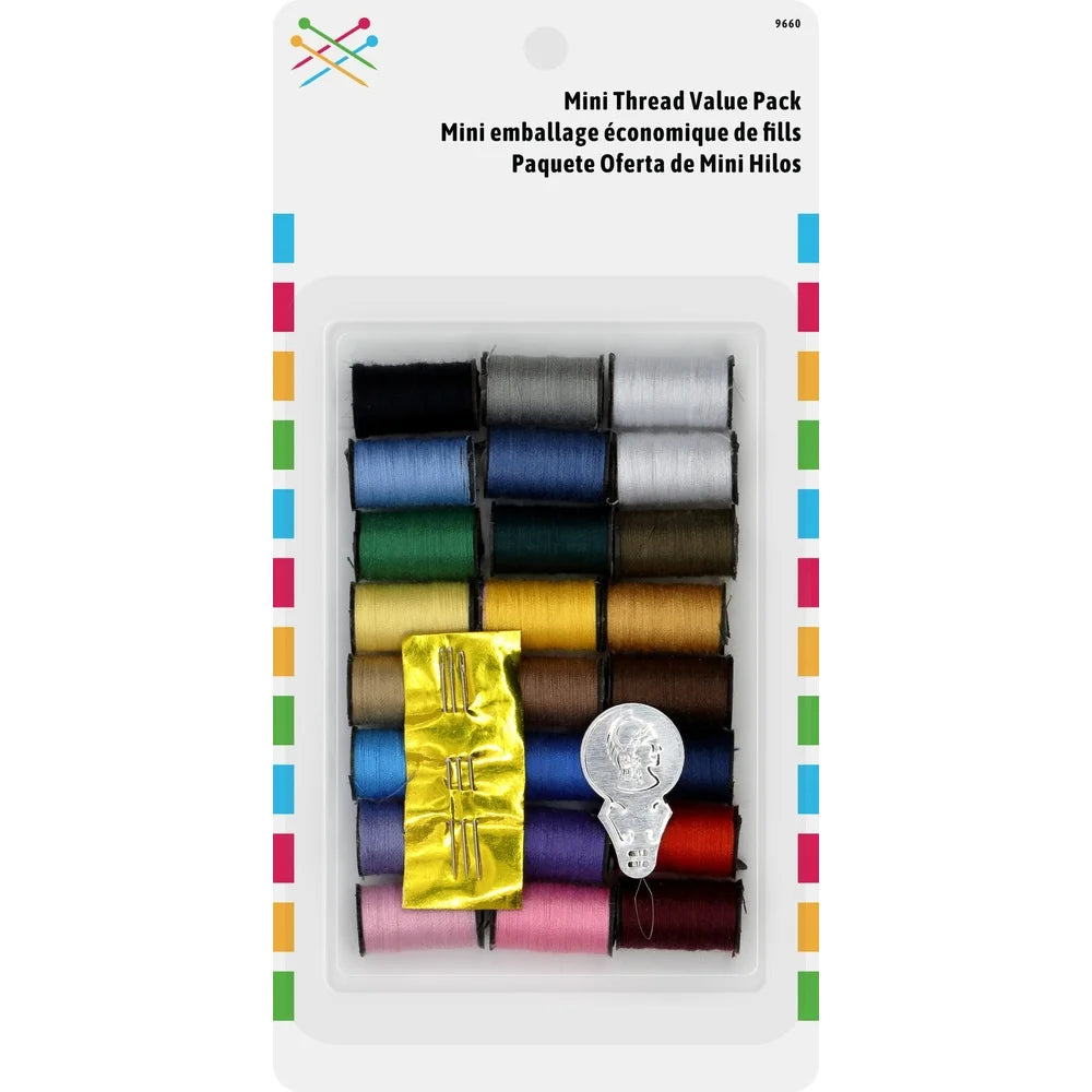 Durable Polyester Mini Thread Spools 24 Pack with Hand Needles and Threader for Sewing and Crafts