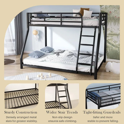 Metal Bunk Bed, Full Size Bed Frame, Twin Over Full Bunk Bed with Safety Guardrail and Ladder, Bunk Beds Twin Over Full Size