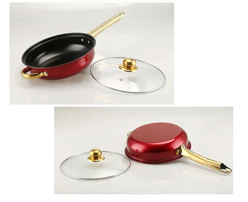 12PCS of Stainless Steel Colored Cookware Set Non-stick Pan Gold-plated Handle Soup Pot Milk Pot Pan Frying Pot Kitchenware