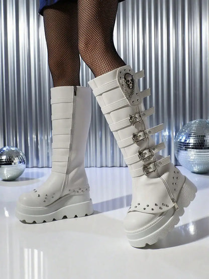 Women's Gothic Buckle Skull Knee High Boots Platform Y2k Punk Wedges High Heels Thick Sole Chain Rivet Decor Halloween Shoes