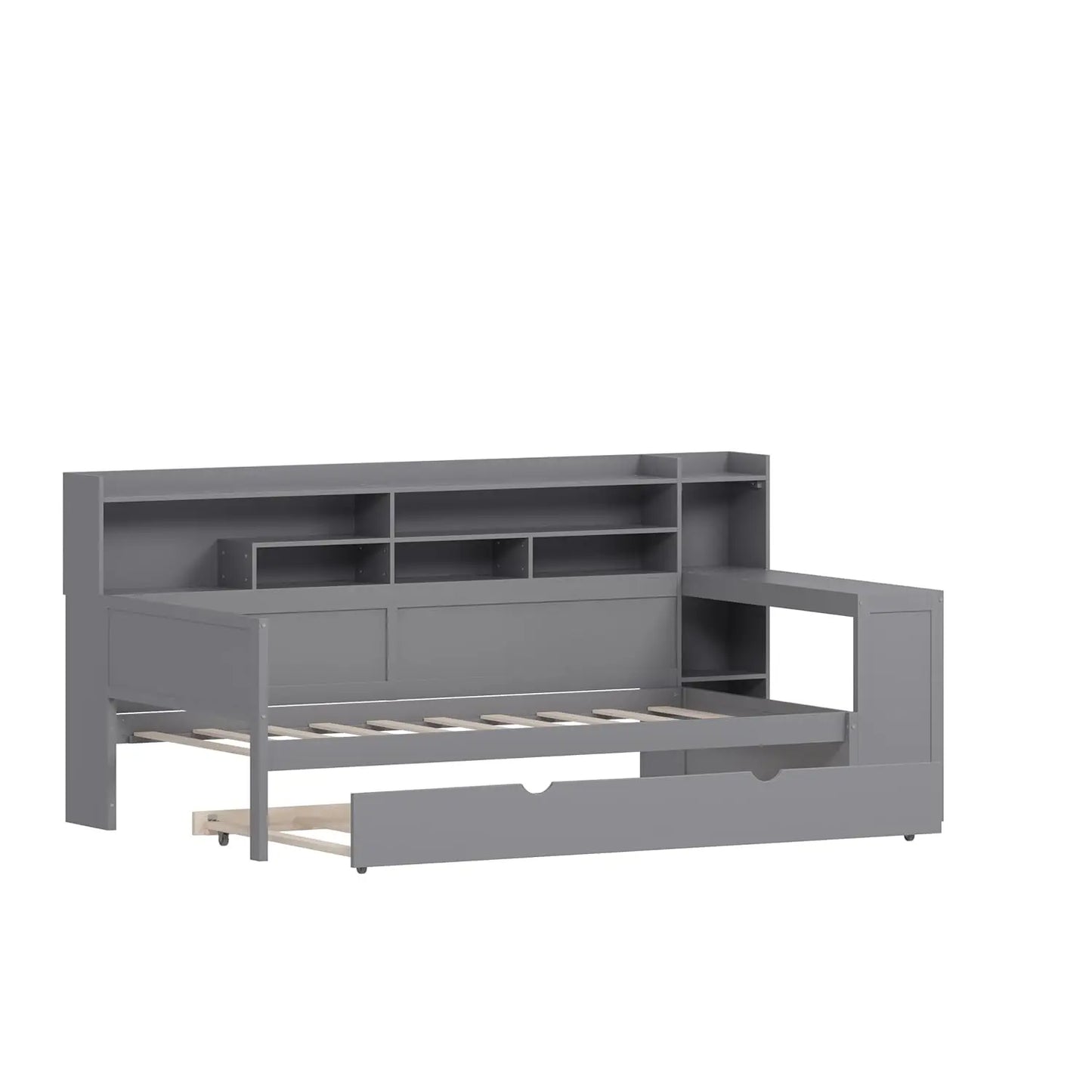 Twin Size Daybed with Trundle, Side Bookcase and Desk, Pine Wood Captains Bed with Storage Shelves Headboard , Customized