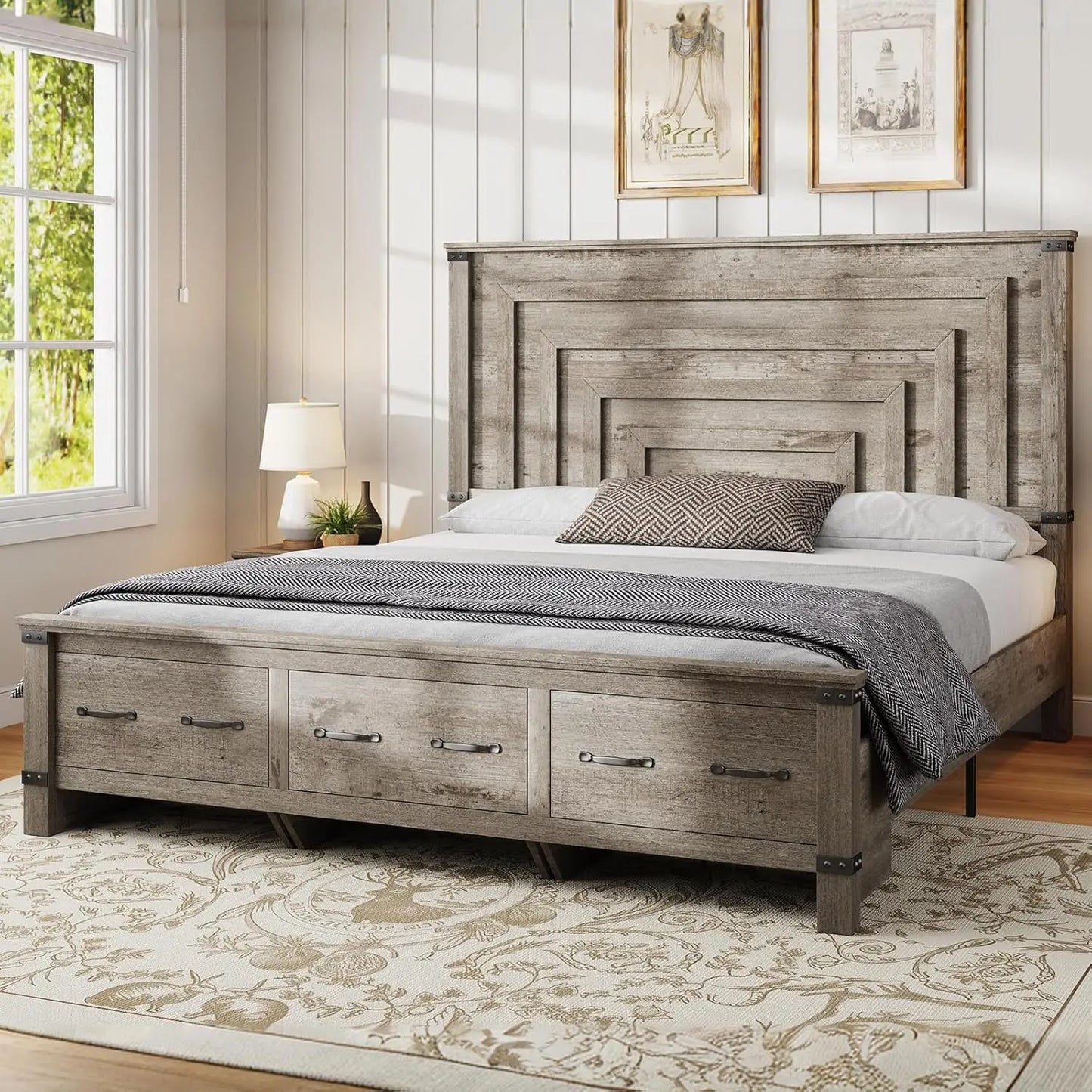 Farmhouse King Size Bed Frame with 54" Tall Geometric Headboard & Footboard, Rustic Wood Platform Bed Frame, Customized