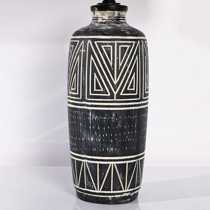 2 Pack 25-Inch Carved Geometric Ceramic Table Lamp With Linen Shade, Southwest's Rustic Accent Lamps For Living Room End Tables