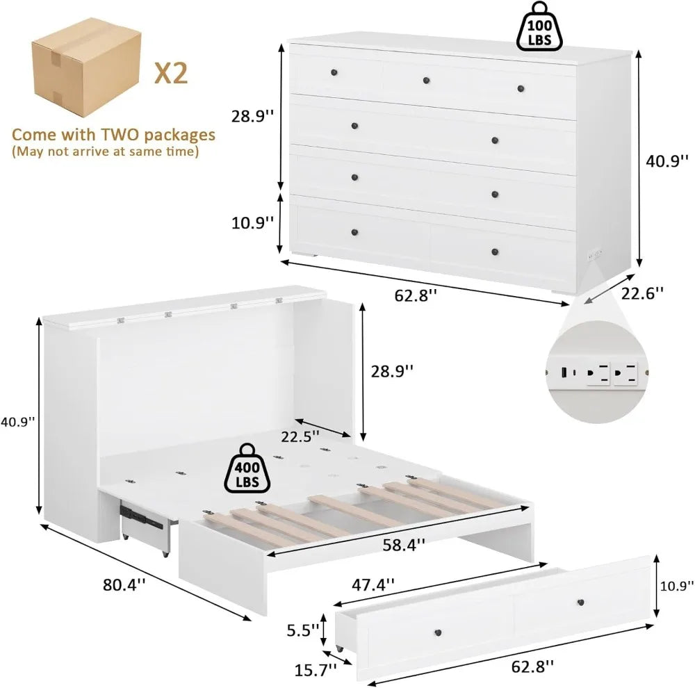 Queen Murphy Bed with Storage & Charging Station, Foldable Cabinet for Guest Room, Living Room, Office - Distressed White