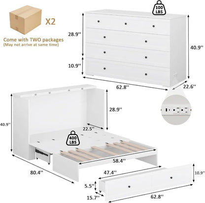 Queen Murphy Bed with Storage & Charging Station, Foldable Cabinet for Guest Room, Living Room, Office - Distressed White