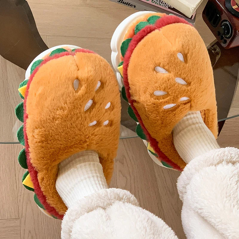 Cute Hamburger Home Cotton Slippers Women's Autumn and Winter Plush Cotton Shoes Women's Slippers Men's Baotou Drag