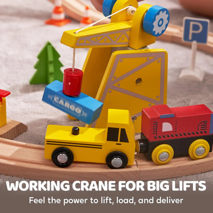 Joyfy 60 Pcs Kids Train Toys Wooden Tracks & 6 Magnetic Trains Expandable Train Set for Toddlers Birthday Christmas Gifts