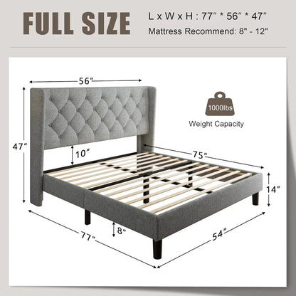 Full Size Upholstered Bed Frame with Wingback Headboard, Fabric Linen Platform Bed, 8" Under Bed Storage, Wooden and Metal Slats