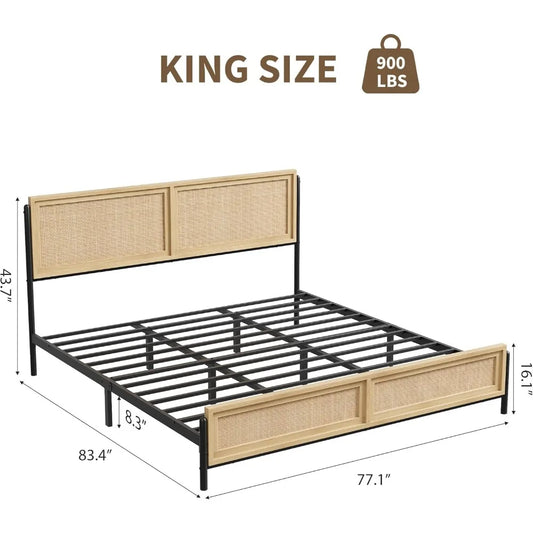 GarveeHome Boho King Size Bed Frame with Natural Rattan Headboard and Footboard, Wooden King Platform Bed No Box Spring Needed,