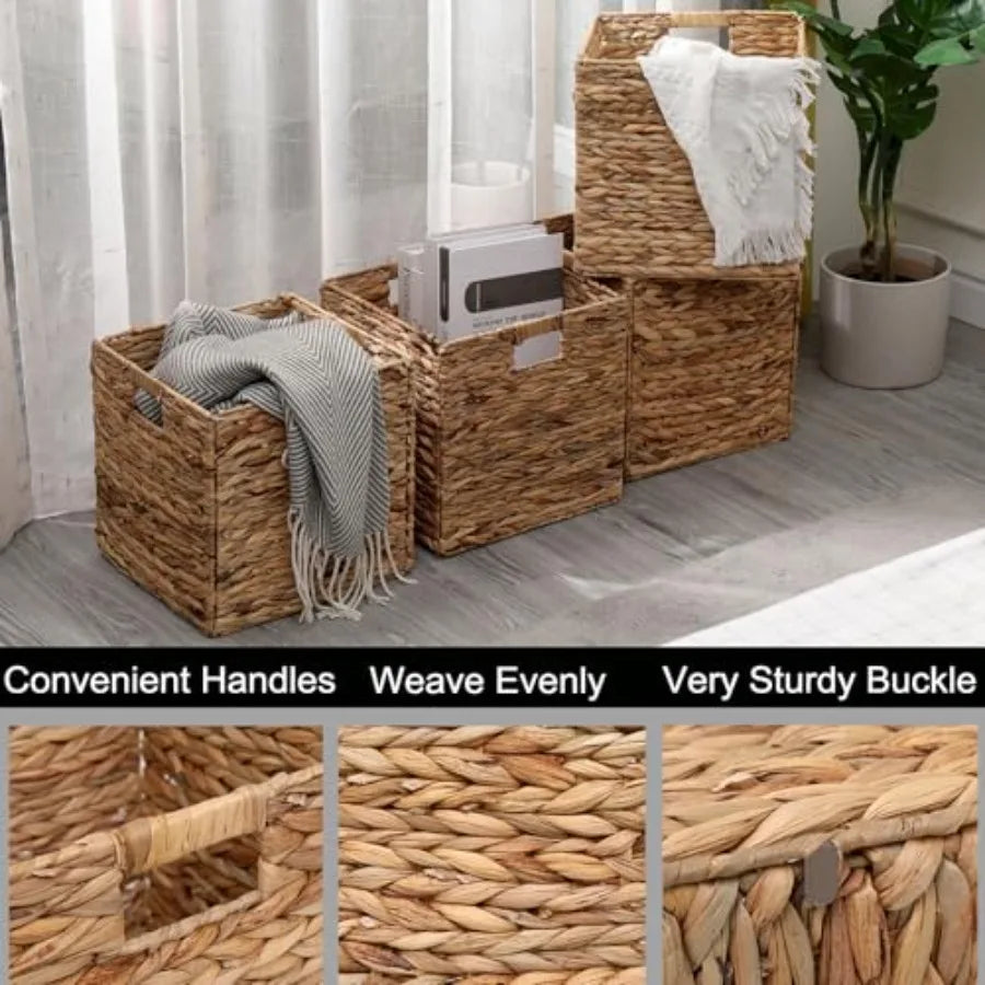 12x12in Storage Baskets Set of 4 Water Hyacinth Baskets Foldable Handwoven Storage Cubes Wicker Cube Baskets Laundry Organizer