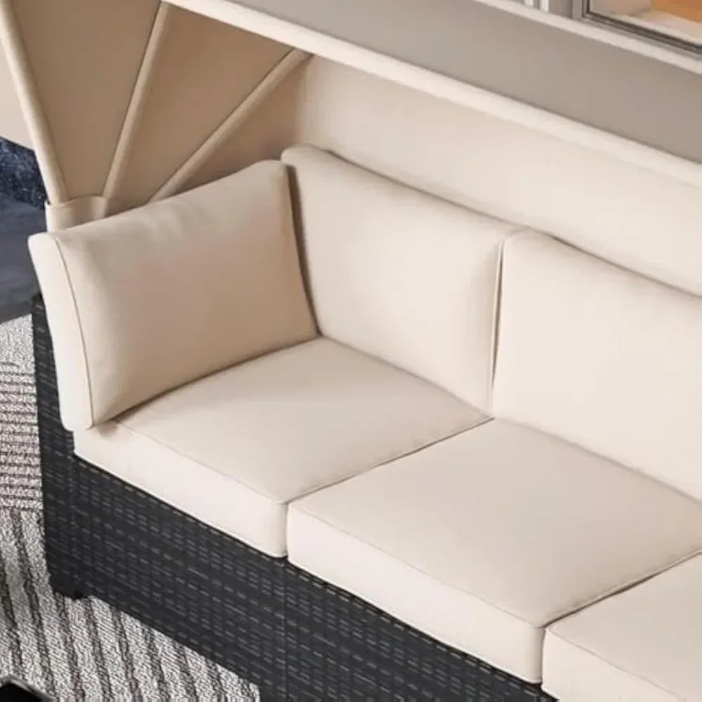 6pcs Outdoor Rattan Wicker Furniture, Patio Furniture Set with Waterproof Cushions, Reinforced Glass Table, Canopy, Durable PE