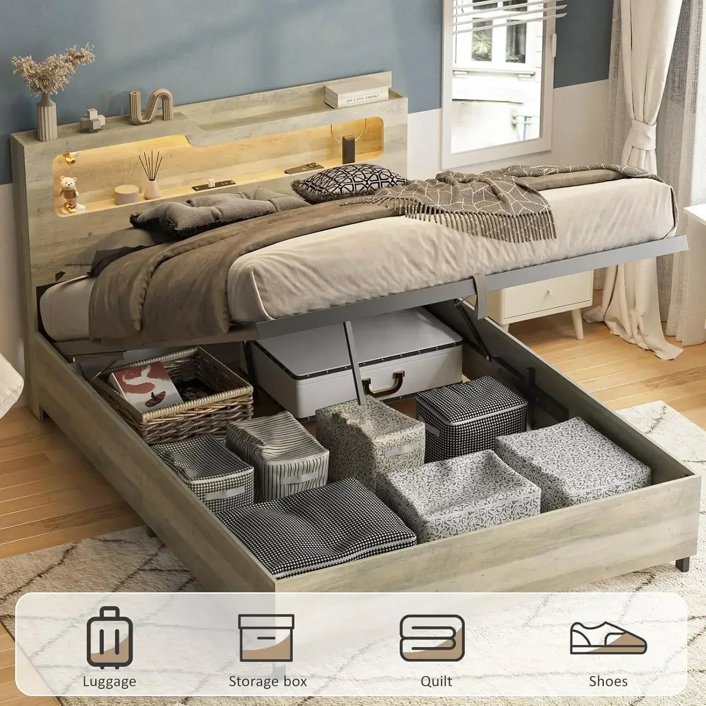 [Limited Time Offer + Free Shipping!]Queen Size Lift Up Storage Bed Frame with Lifting Storage & Charging Station, 2-Tier Headbo