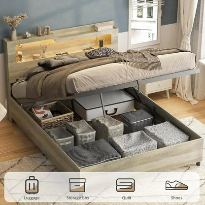 [Limited Time Offer + Free Shipping!]Queen Size Lift Up Storage Bed Frame with Lifting Storage & Charging Station, 2-Tier Headbo