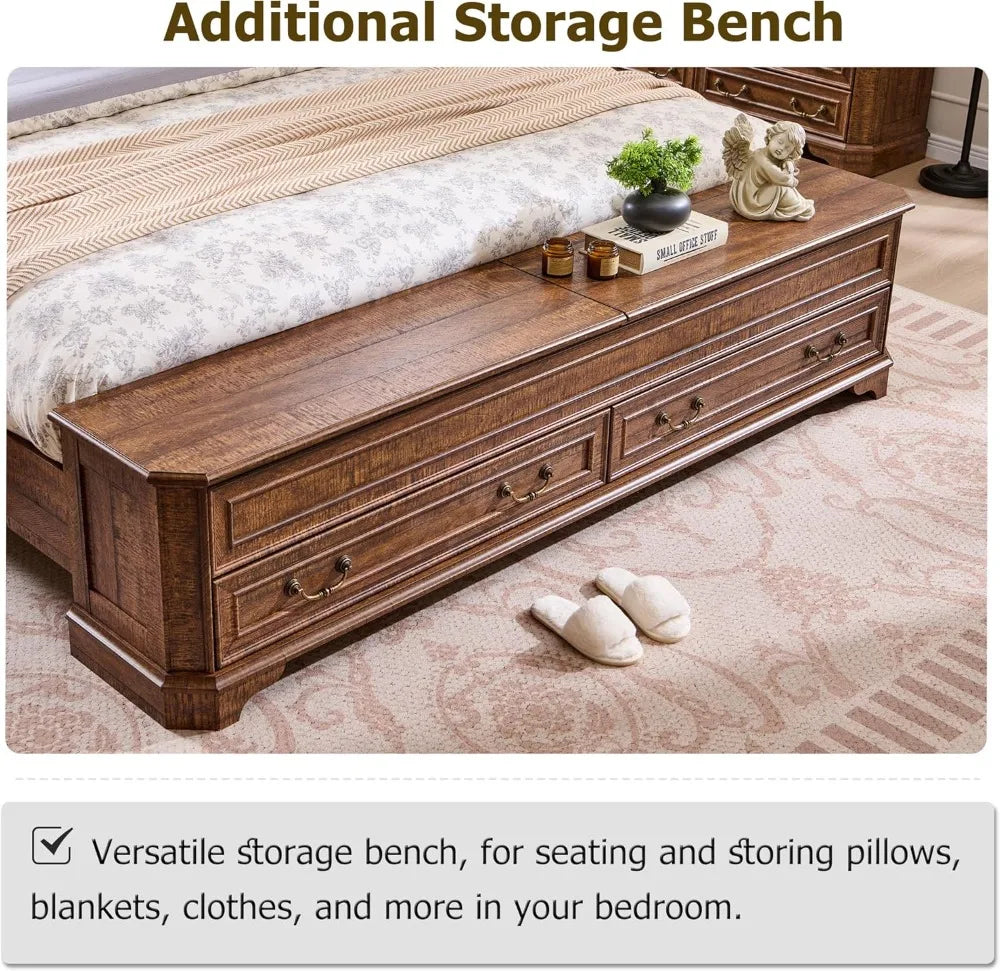 Farmhouse King Bed with Headboard, Storage Bench & 4 Drawers, Rustic Wood Platform Bed in Dark Brown
