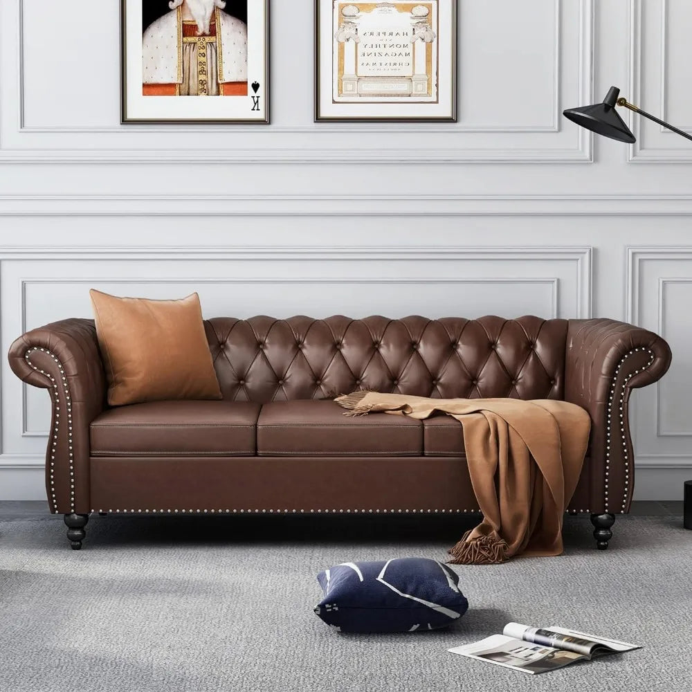 Chesterfield Leather Sofa 3 Seater Couch, Mid-Century Large Sofa Roll Arm Classic Tufted Settee Modern PU Sofa with Channel Tuf