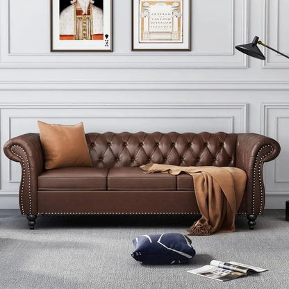 Chesterfield Leather Sofa 3 Seater Couch, Mid-Century Large Sofa Roll Arm Classic Tufted Settee Modern PU Sofa with Channel Tuf