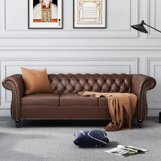 Chesterfield Leather Sofa 3 Seater Couch, Mid-Century Large Sofa Roll Arm Classic Tufted Settee Modern PU Sofa with Channel Tuf