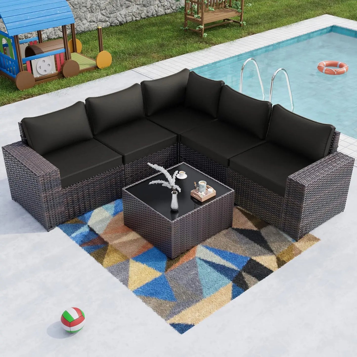 12 Pieces Outdoor Patio PE Rattan Sectional Sofa Set with Cushions & Tempered Glass Coffee Table for Garden Porch, Customized