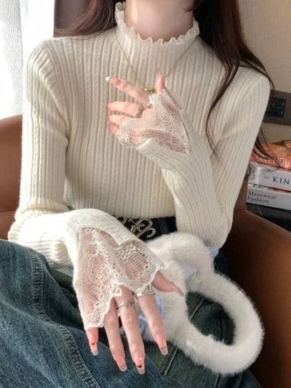 Autumn Winter Turtleneck Skinny Elastic Knitted Pullovers Women Solid Color Tops Female Long Sleeve Knit Patctwork Lace Sweater