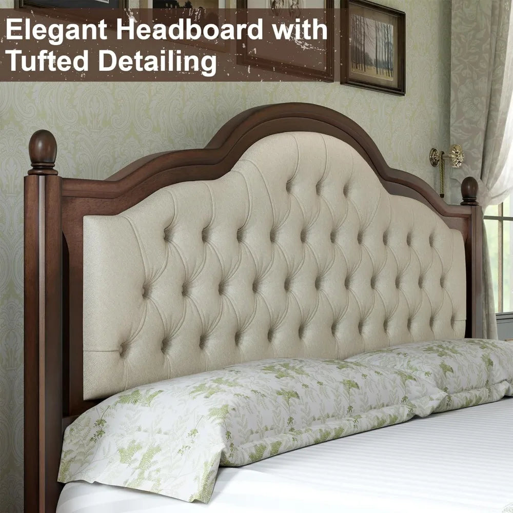King Size Solid Wood Platform Bed with Upholstered Headboard, Roman Column Accents, No Box Spring Needed
