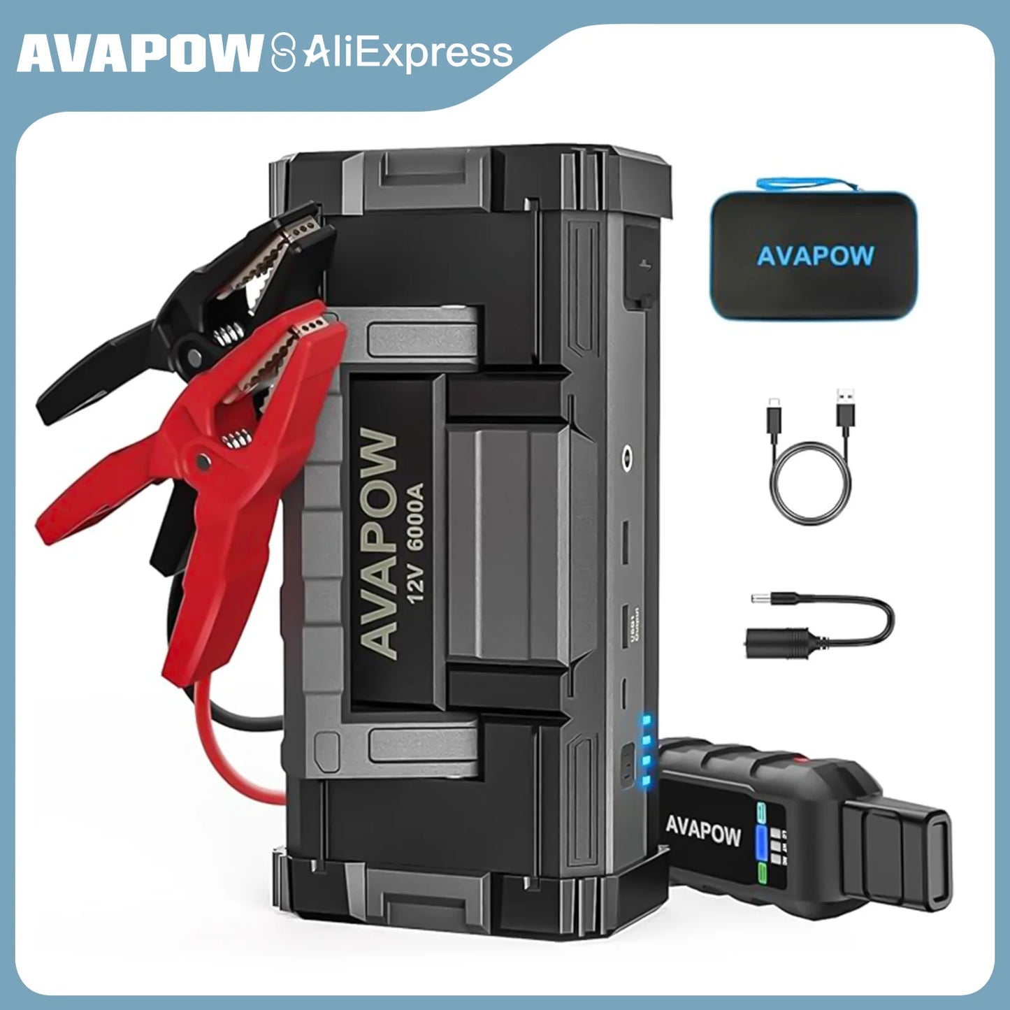 AVAPOW 6000A Car Battery Jump Starter Powerful Car Jump Starter with Dual USB Quick Charge and DC Output,Built-in LED  Light