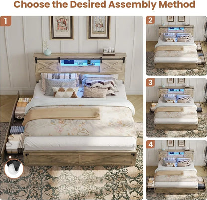 California King Bed Frame with Storage Headboard, LED Lights, Charging Station & Drawers - Rustic Farmhouse Design