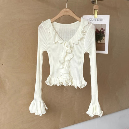 Women's Ruffled Sweater Long Sleeve Slim Fit Rib Knit Top Pullover Jumper Ladies Knitwear Autumn Winter Fairycore Outfit