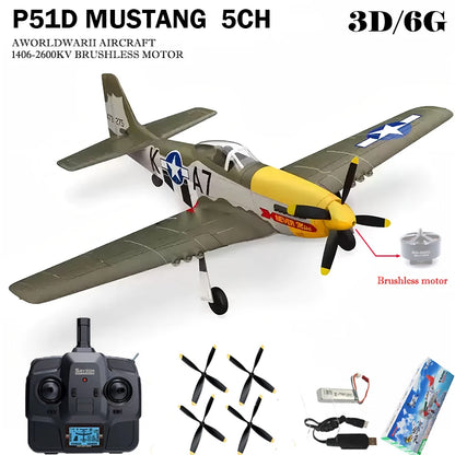 RC Plane 5CH 3D/6G Fixed-wing RC Airplane 2.4GHz P51D Mustang RTF for Adults Beginners Easy to Fly Removable Brushless Fighter