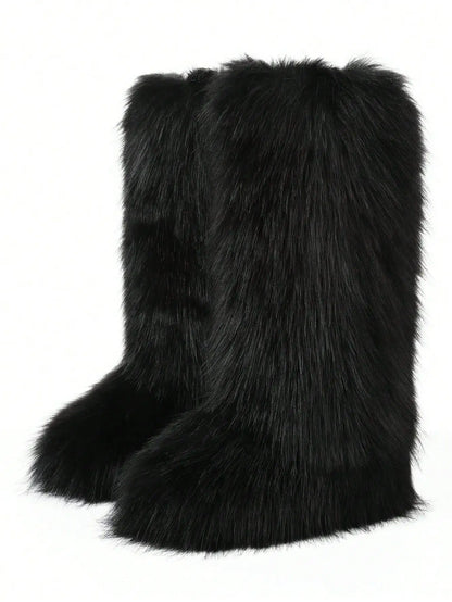 Furry Fluffy Women Snow Boots Warmplush Knee High Flats Luxury Fashion Punk Goth Cosplay Women Winter Shoes