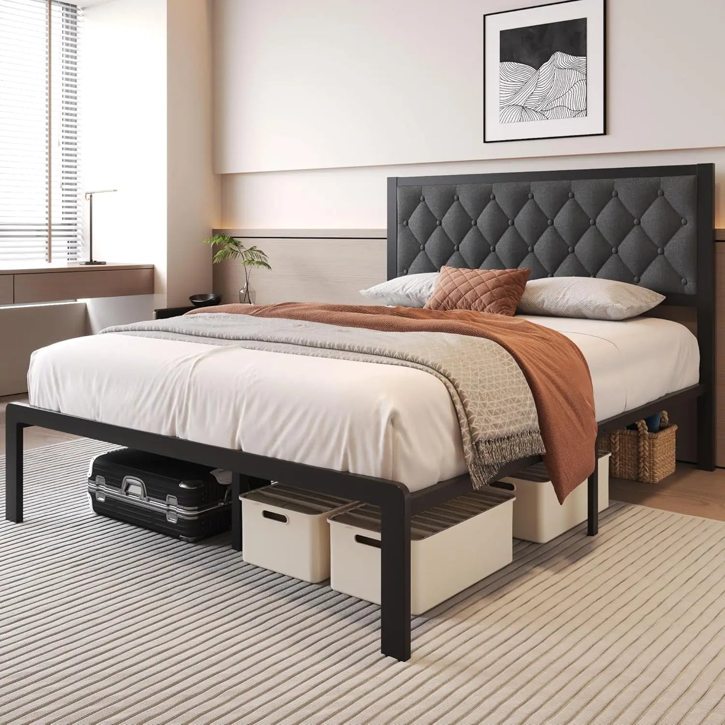 Queen Bed Frame with Headboard Linien Upholstered Bed Frame Platform,All Metal Slats Support Platform Bed Frame