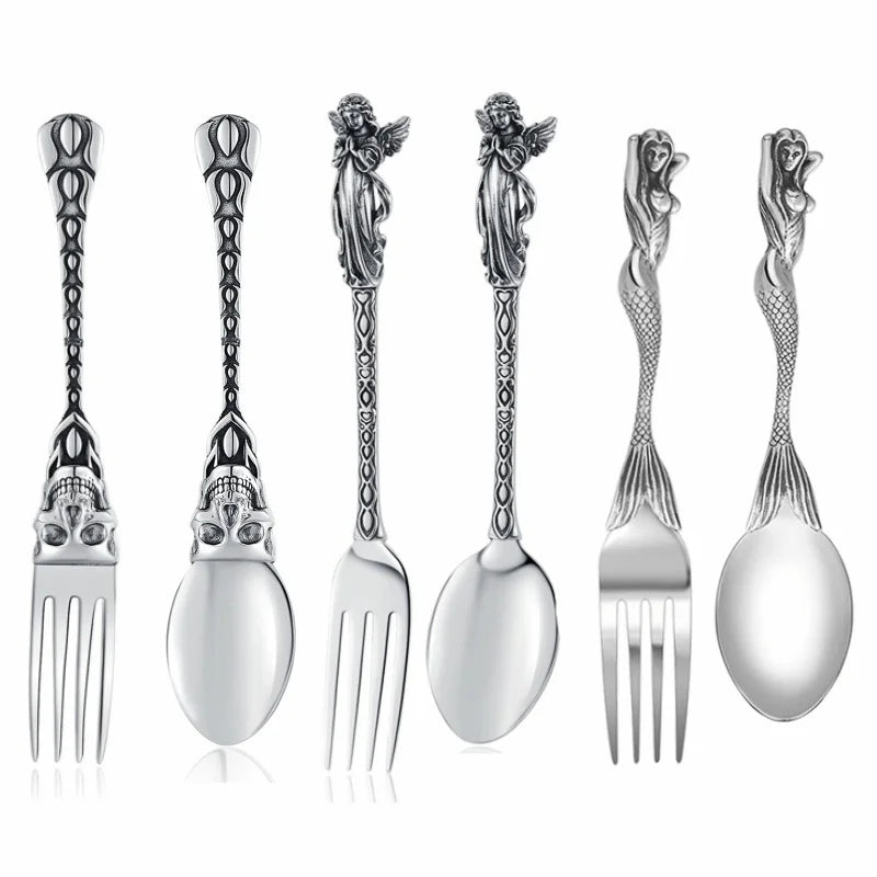 Creative Party Decor Fork and Spoon Set Skull Angel Mermaid Cutlery Stainless Steel Fork Spoon Halloween Party Dinner Cutlery