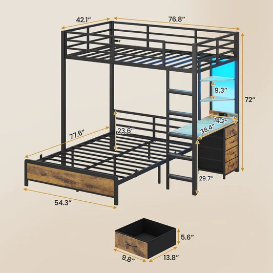Twin Over Full Bunk Bed with Desk, Charging Station, LED Lights & Storage for Kids/Teens - Space-Saving Loft Bed