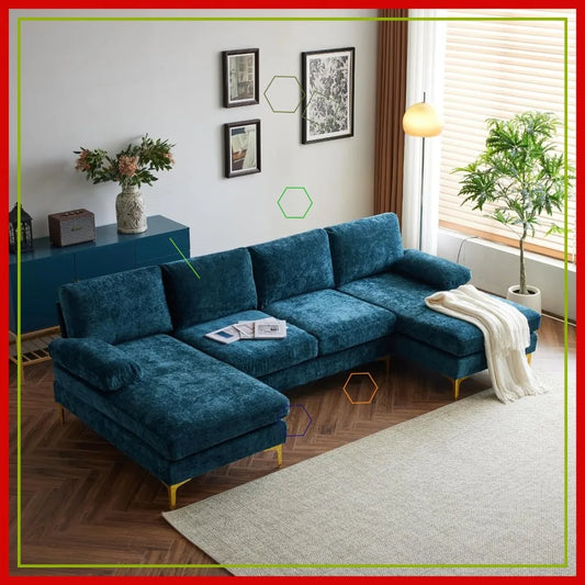 U-Shape Convertible Sectional Sofa with Chaise, 4-Seat Chenille Fabric Couch for Living Room, Office - Peacock Blue