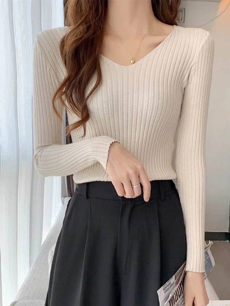 2025 Korean Autumn Winter V Neck Sweater Fashion Casual Long Sleeve Knitted Sweaters Solid Color Slim Pullovers Women Clothes